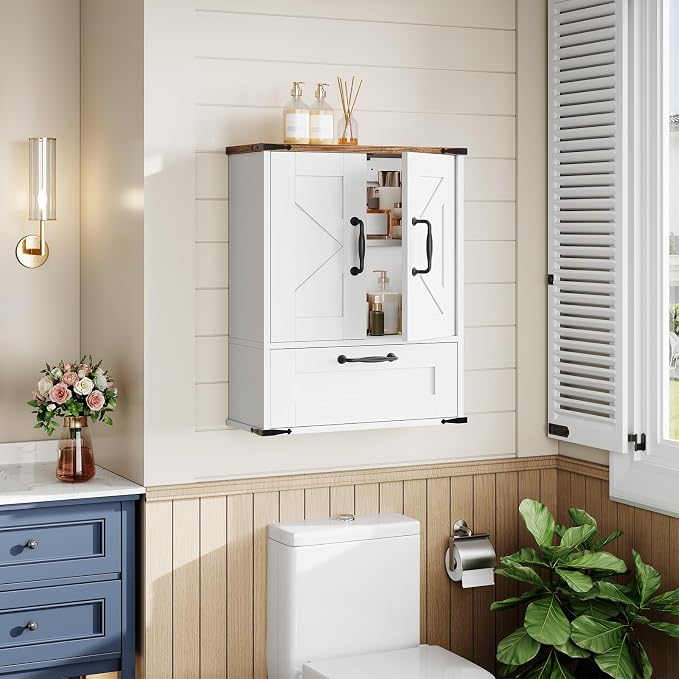 Gabinete de pared para baño madera blanca y nogal miniatura 2