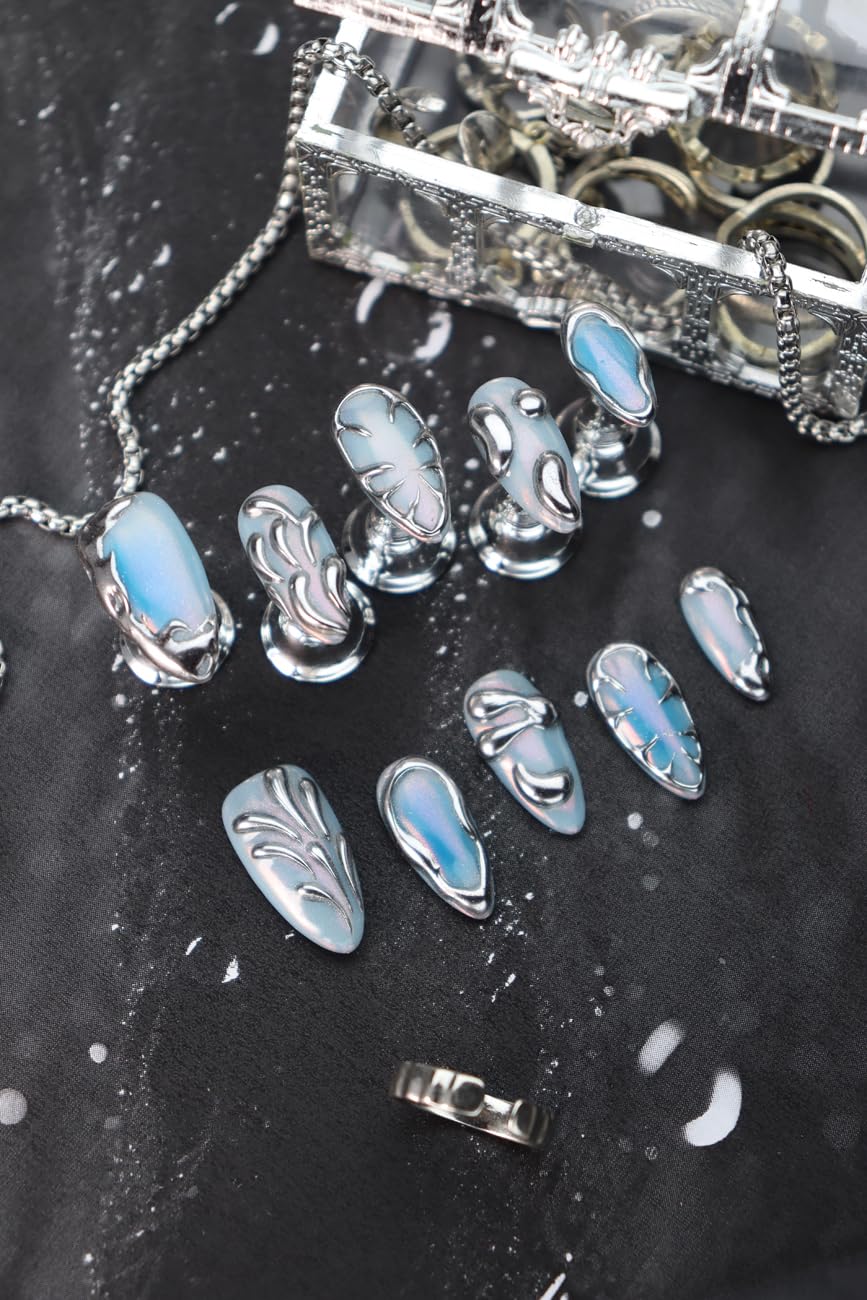 Press on Nails Blue Ombre Medium Almond 3D Fake Nails Reusable Luxury Handmade False Nails with Design Solid Chrome,Press ons Muti-Layer Gel Acrylic Handmade Nails for Wome Manicure(Size S)