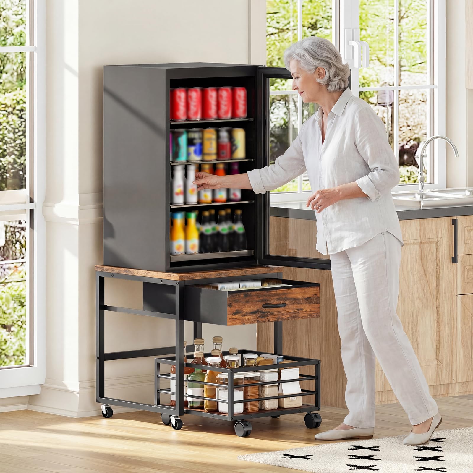 HOOBRO Supporto per Mini Frigo con Cassetto in Tessuto e Cestello Scorrevole, Tavolo per Minifrigo per Bevande con Ruote, Struttura Robusta per Cucina, Ufficio e Dormitorio EBF655BX01
