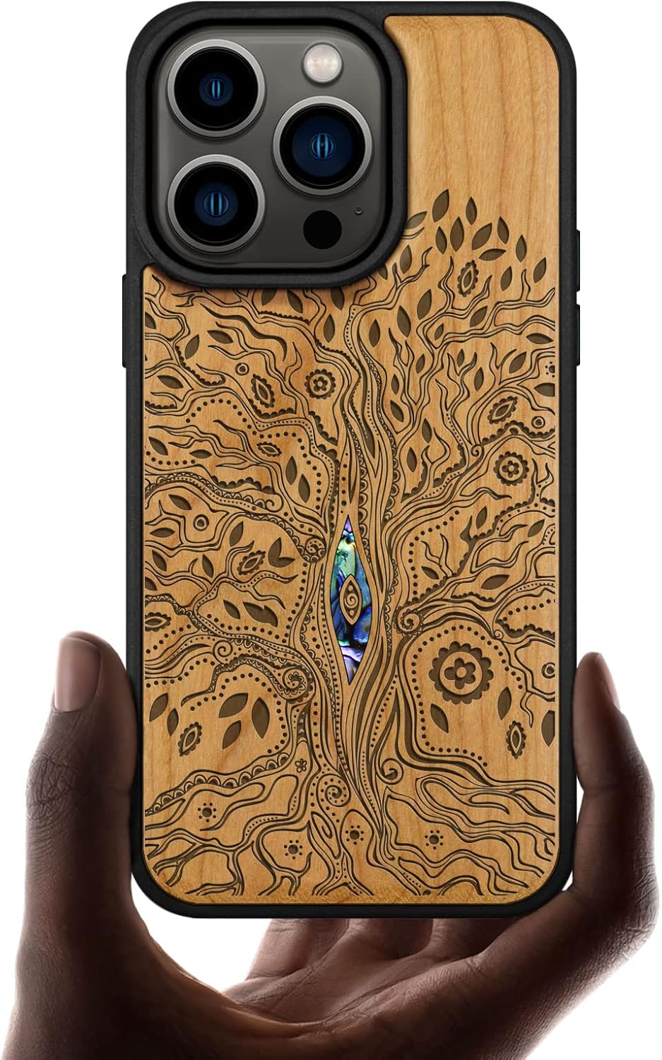 Carveit Designer Wooden Magnetic Case for iPhone 14 Pro Case [Wood Engraving & Shell Inlay] Unique Wood Phone Cover Compatible with 14 Pro MagSafe 6.1 Inch (Tree of Life-Cherry)