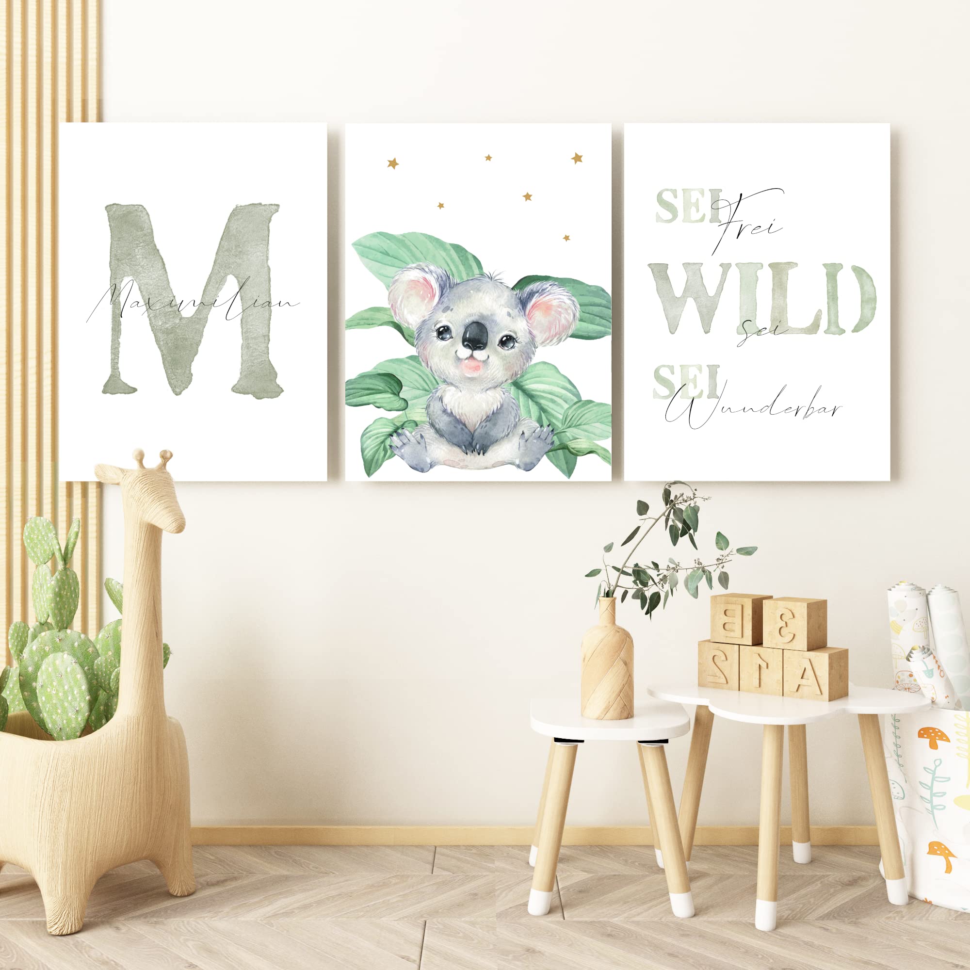 Pandawal Kinderzimmer Bilder mit Spruch und Name Safari Tiere 3er Poster- Set für Mädchen und Junge Wandbilder