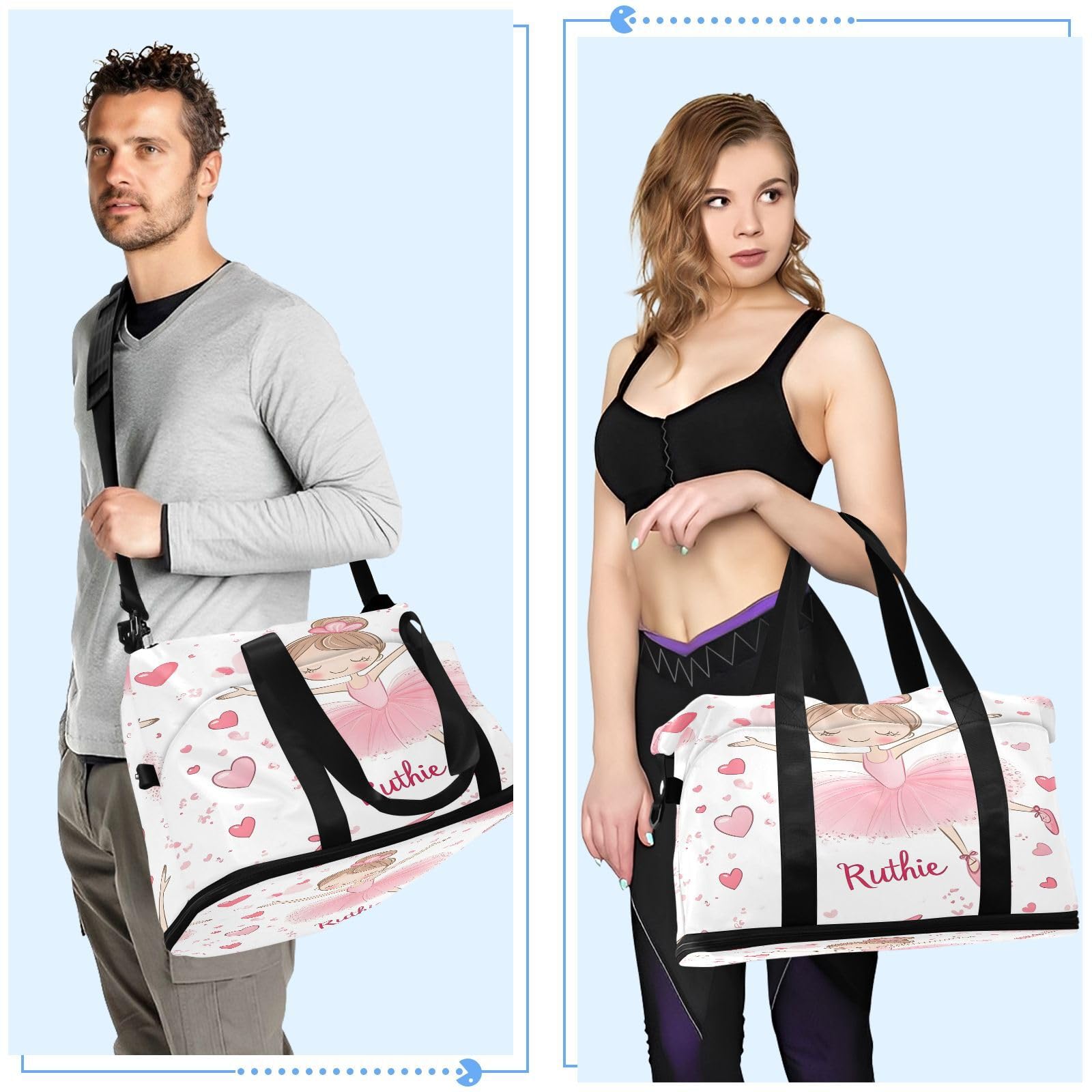 Wasserdichter Sport-Turnbeutel – niedliche Ballerina-Ballerina-Herz-Reisetasche mit großem Fassungsvermögen und Fach für trockene Nässe und Schuhaufbewahrung, Yoga, Schwimmen, Reisetasche