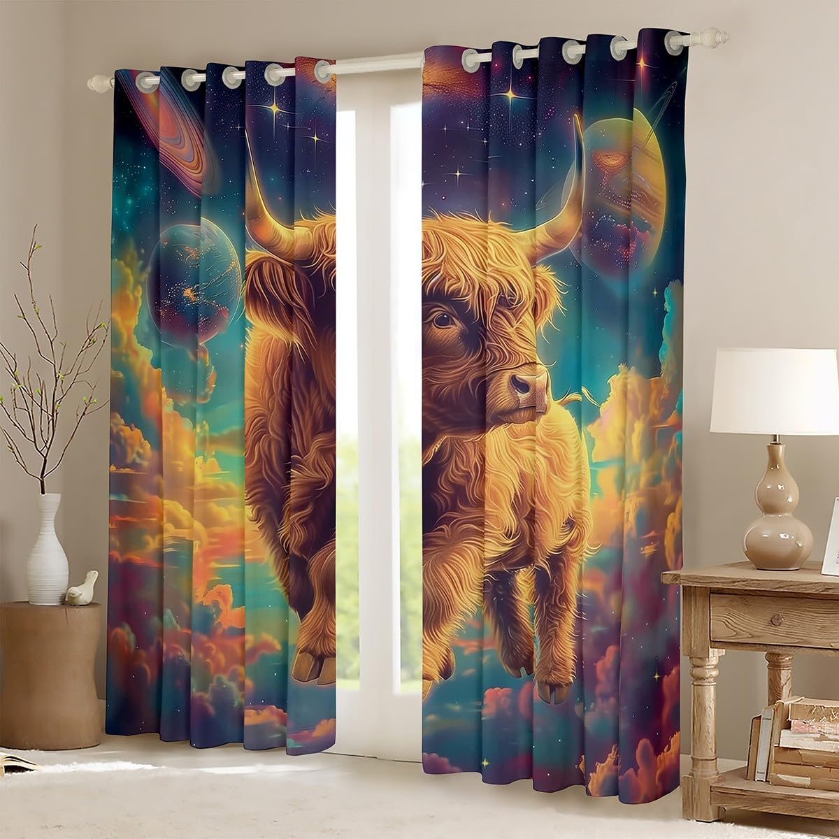 Highland Cattle Curtains for Living Room,Romantic Universe Cloud Planet Window Drapes Bedroom Blackout 30%-50%,Dreamy Starry Galaxy Window Treatment Grommet Top 2 Panels Decor,38Wx45L
