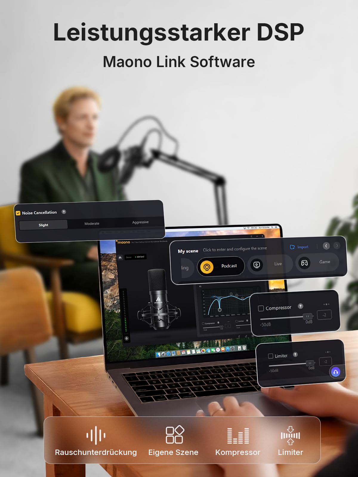 MAONO XLR/USB PC Mikrofon Set: 192kHz/24bit Studioqualität, Plug & Play, 3-stufige Rauschunterdrückung, 4 Presets. Metallmikrofon-Kit mit Software für Podcast, Streaming, Aufnahmen, Gesang, A04 Gen2