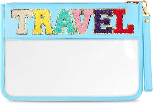 Vista 15 de HANAMO Bolsa transparente con letras de chenilla, bolsa de nailon para cosméticos con cremallera, bolsas de maquillaje transparentes, bolsas