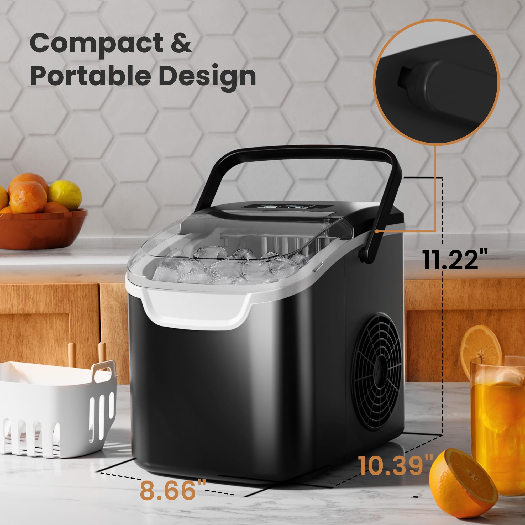Kismile Ice Makers Countertop,Portable Ice Maker Machine With Handle,26lbs/24h,2 Ice Sizes(S/L),8 Bullet Ice Cubes In 6 Mins,Self-Cleaning Countertop Ice Maker For Home & Kitchen(White) on Fridge.com - View 6