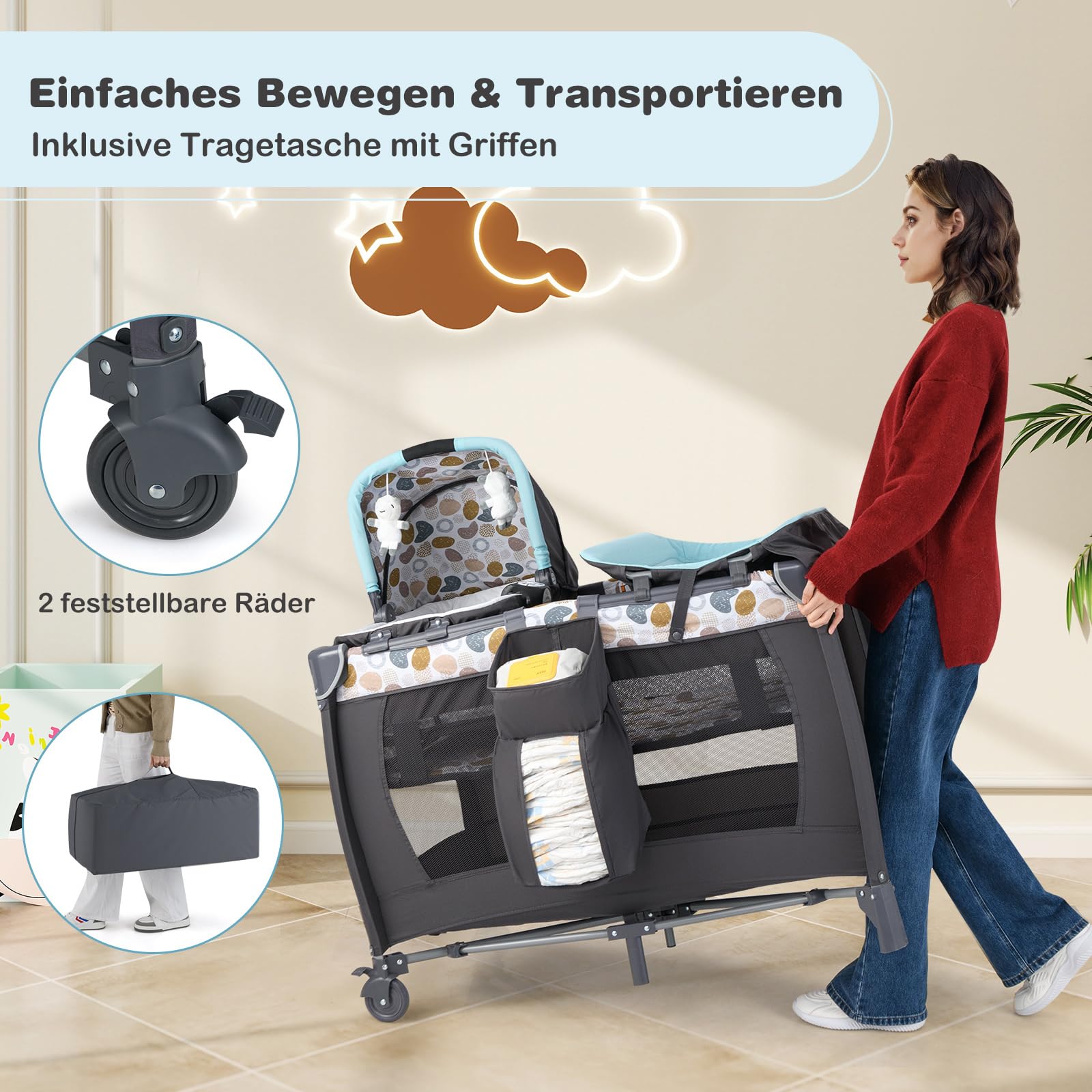 COSTWAY 5 in 1 Beistellbett Baby, Reisebett mit Matratze, Kinderreisebett inkl. Wickelauflage, Babywiege & Spieluhr, Stubenwagen mit Rollen, Babybett für Baby bis 36 Monaten (Blau Punkt)