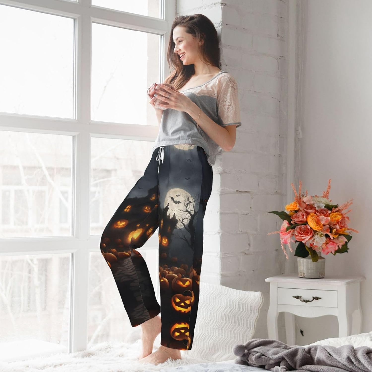 Halloween Pumpkin Print Flannel Pajama Pants,Warm Pajama Pants,Perfect For Christmas And Everyday Comfort