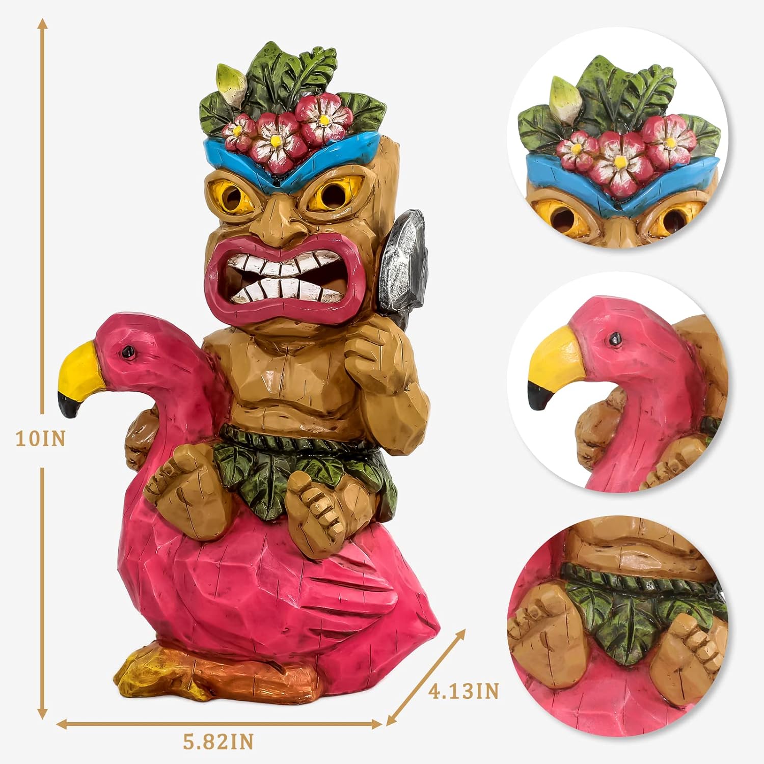 Solar Tiki Statue,Outdoor Statues - Statue-Tiki Bar Decor-Tiki Decorations Outdoor Patio Decor for Bar, Patio, Balcony, Yard,Lawn Ornament,Riding a Flamingos 10inch Tall