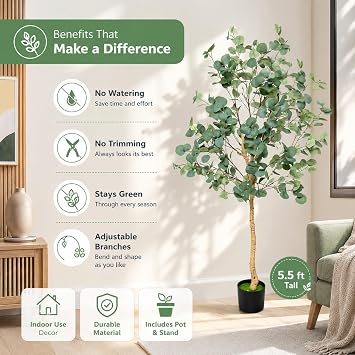 5.5FT Artificial Eucalyptus Tree with 517 Leaves | Bendable Branches, Moss-Topped & Cement-filled Pot, Home Office Decor, Zero Maintenance