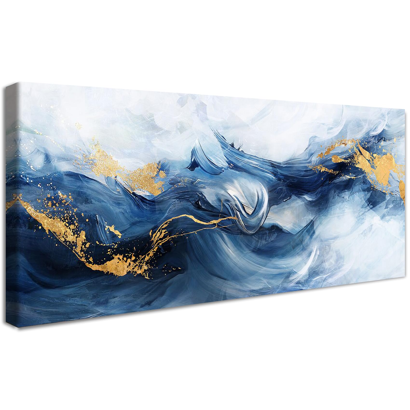 Wooden Framed Canvas Wall Art Golden Navy Blue Sea Wave Painting on Canvas Prints Poster Abstract Ocean Watercolour Pictures for Living Room Bedroom Home Office Wall Decoration 50x120cm/20x48 inch