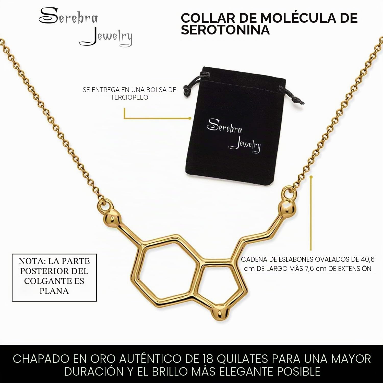 Serotonina Molécula Colgante Collar | Hecho de Plata de Ley 925 | Color Plata, Oro, Oro Rosa
