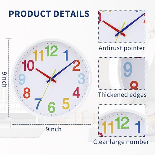Miniatura 3 de Time Teaching Clock - Reloj de pared silencioso de 8.5 pulgadas para niños, reloj de pared decorativo de cuarzo silencioso sin tictac para aulas de