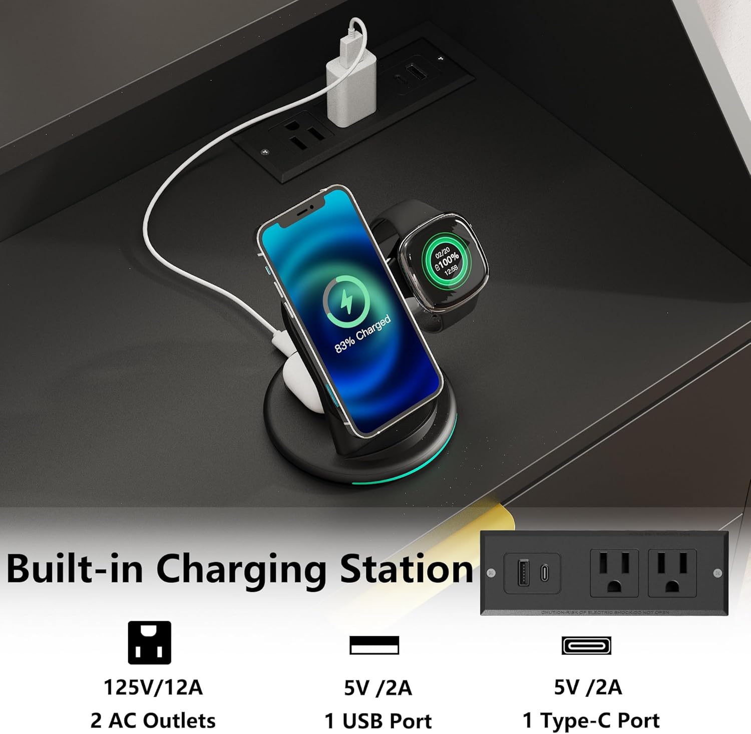 Close-up of the dresser's built-in charging station with devices plugged in