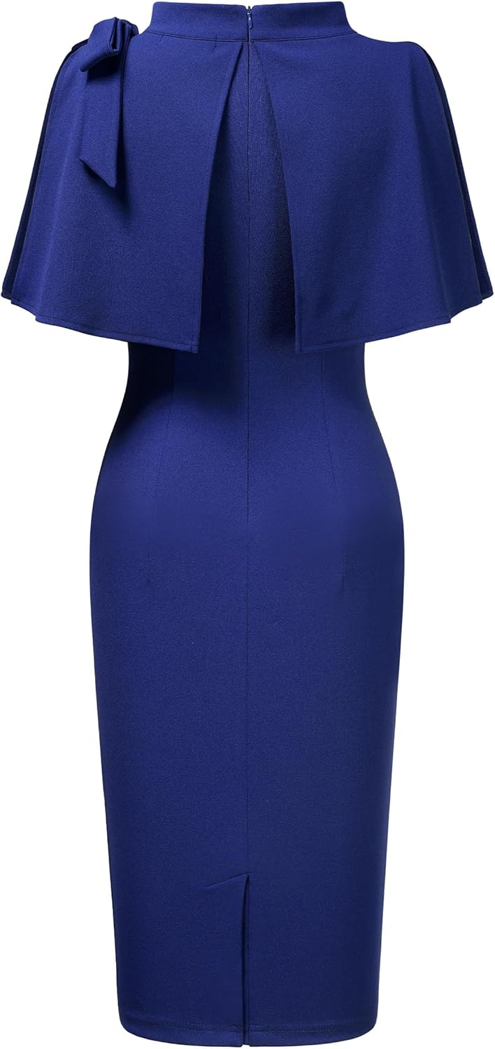 AISIZE Women's Vintage 1940s Half Collar Batwing Cape Party Pencil Dress - Image 5