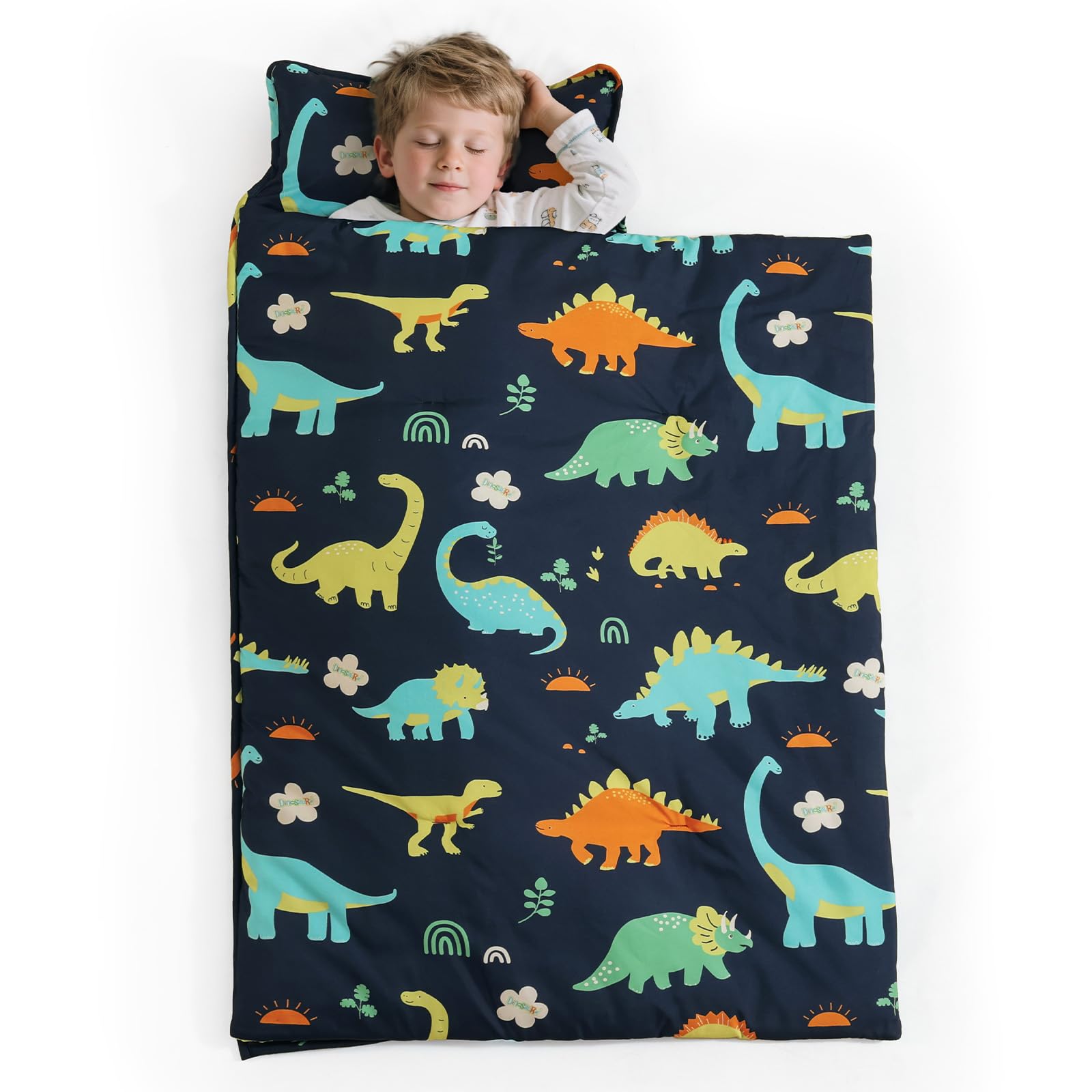 PHF Soft Toddler Nap Mat with Removable Pillow, Rollup Design Kids Sleeping Mat, Slumber Bags for Boys, 50"x20" Toddler Sleeping Bag for Daycare Preschool Travel Camping, Large Dinosaur