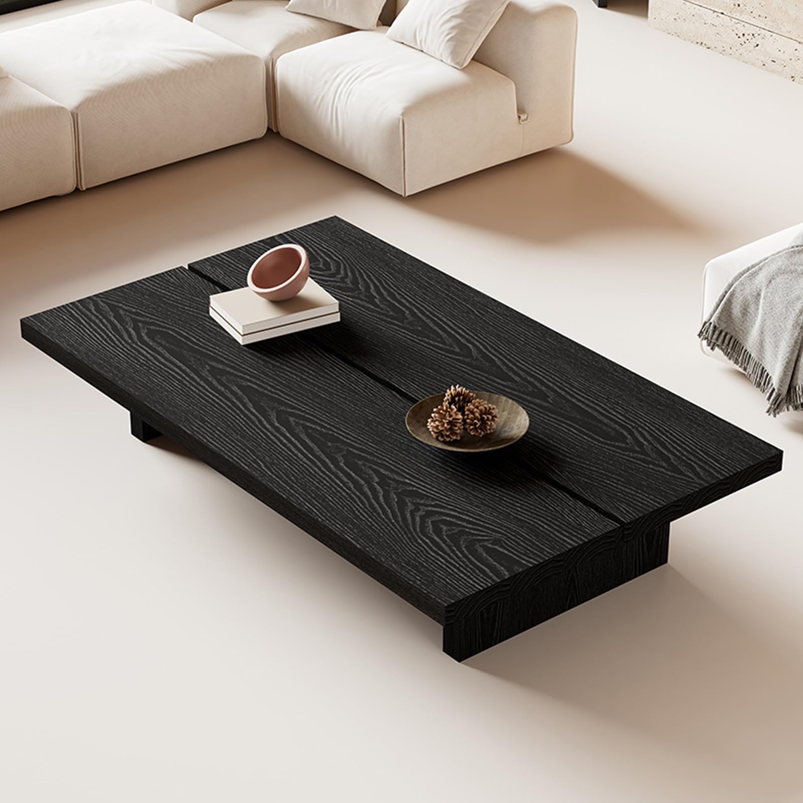 Table basse bois wabi-sabi noire 100x60 cm pour salon et tatami meditation
