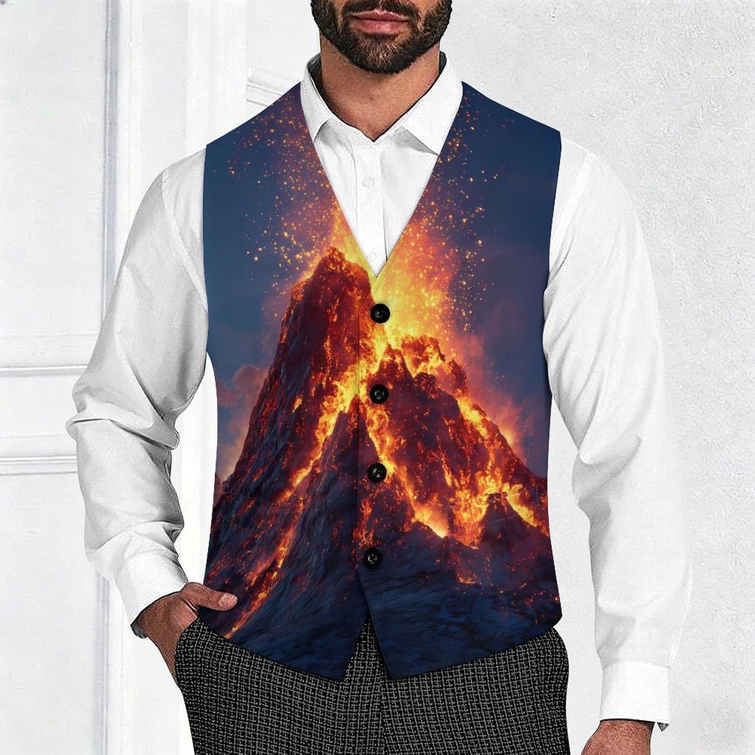 Fire Mountain Volcanic Eruption Men's Suit Vest Formal Vests Casual Dress Fit Waistcoat Casual Tuxedo for Business