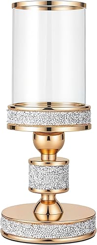 Portavelas de pilar con vidrio a prueba de viento, soportes de metal para huracanes, soporte de vela de cristal dorado para centros de mesa,