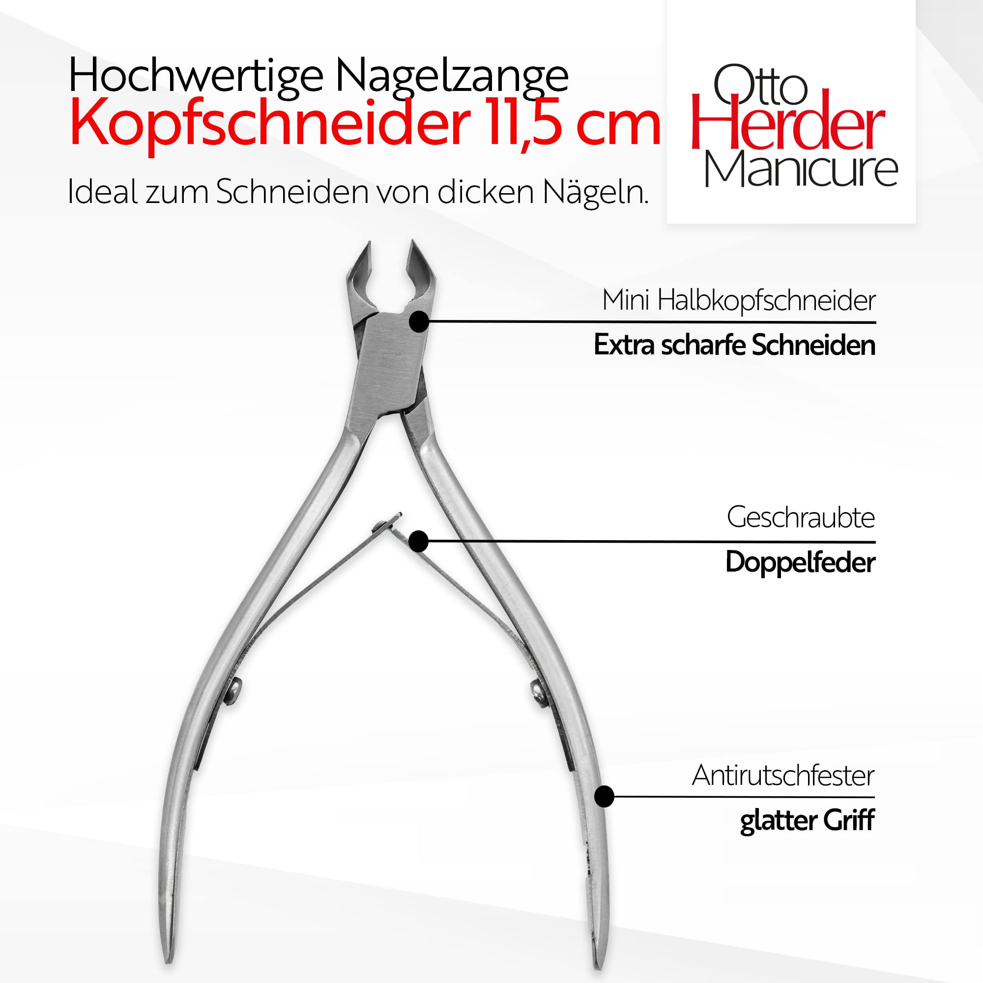 Otto Herder Manicure Nagelzange 11,5 cm, Kopfschneider aus Edelstahl, Nagelschneider für eingewachsene Fußnägel und Fingernägel
