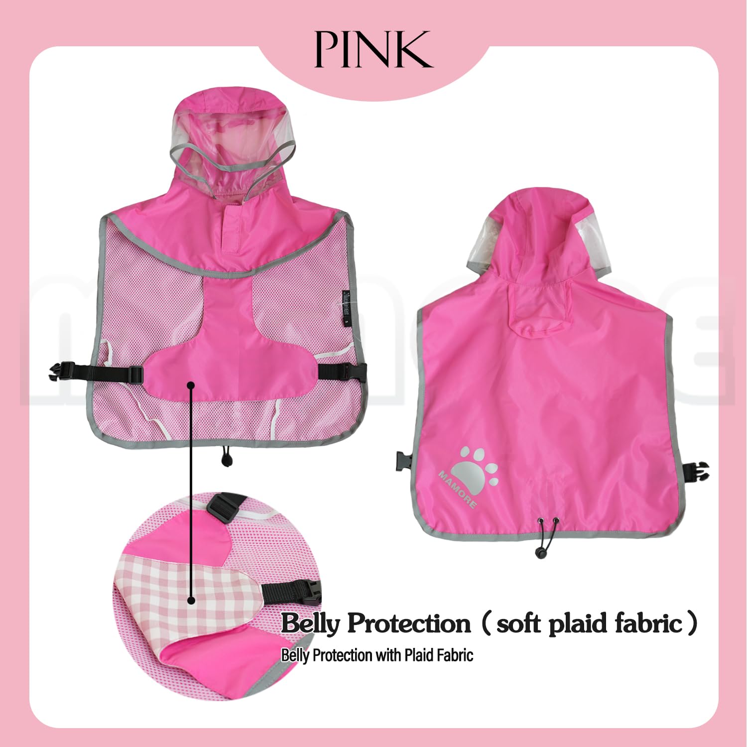 MAMORE Dog Raincoat Hooded Rain Jacket for Small Medium Large Dogs Slicker Poncho Bottom Waterproof Adjustable Reflective Breathable Leash Hole (Pink, Large)
