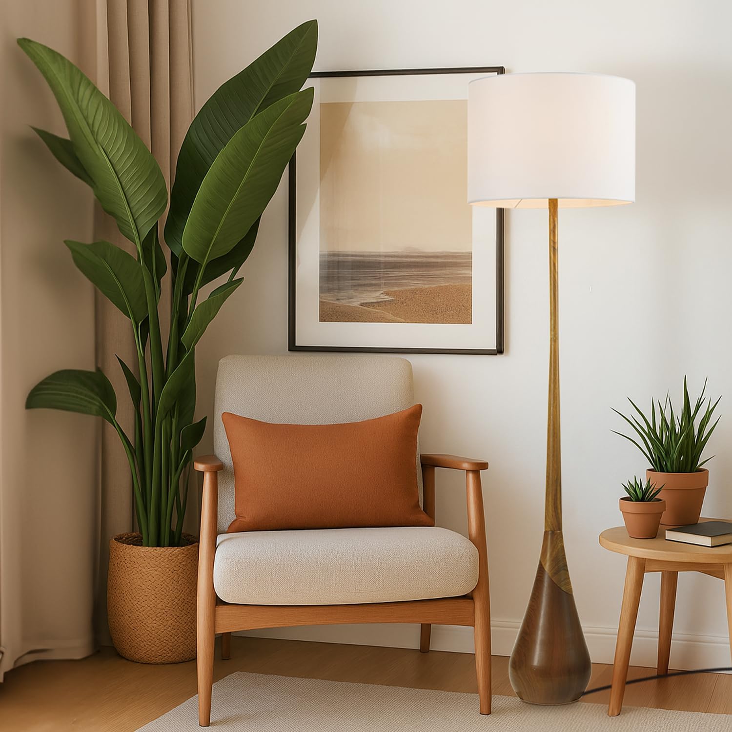 Globe Electric Novogratz x Globe Harrington 65" Floor Lamp, 2-Tone Faux Wood Base, White Fabric Shade, Socket Rotary Switch 67225