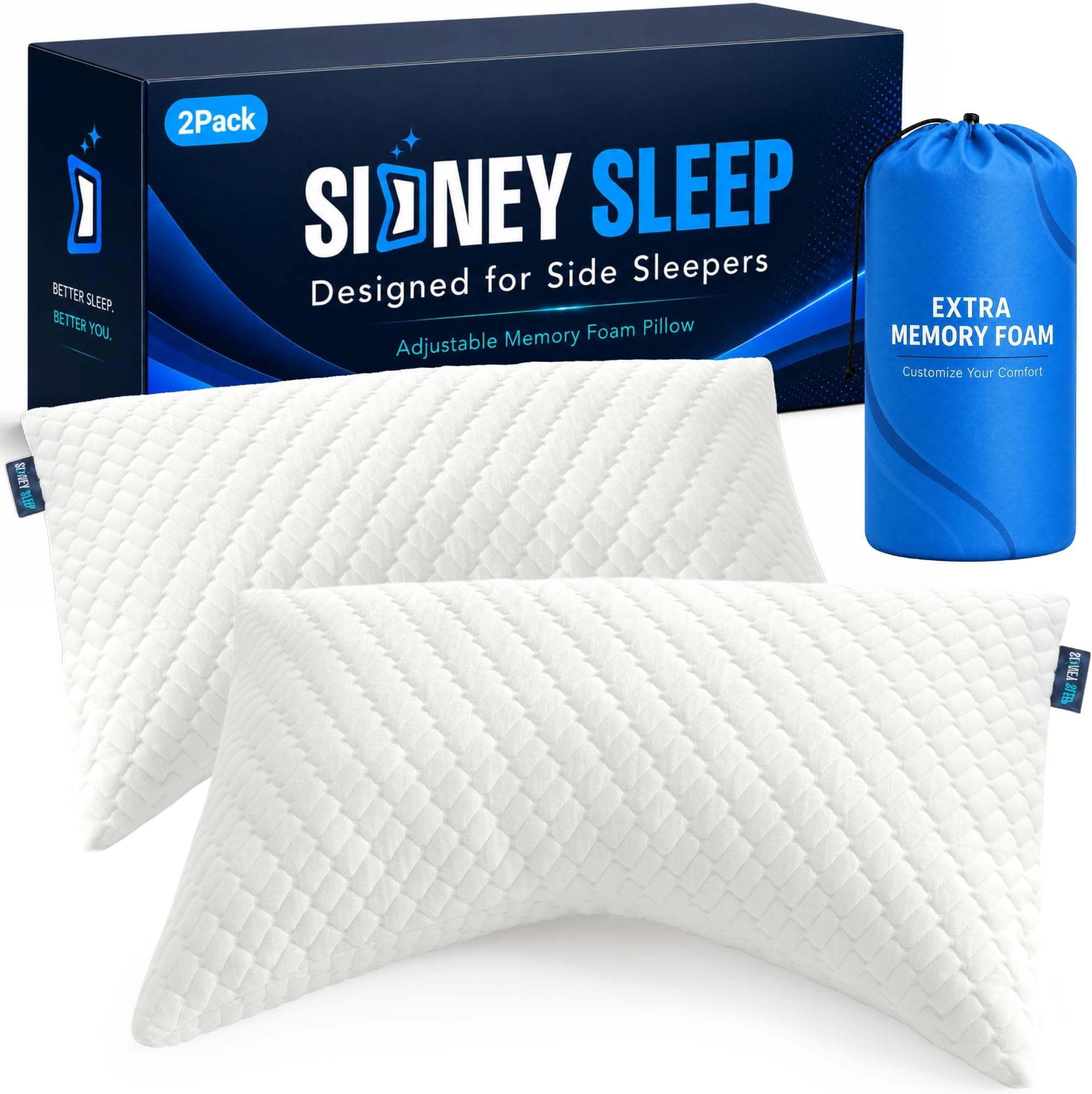 Sidney Sleep Set of 2 Queen Size Bed Pillows for Side and Back Sleepers - Adjustable Filling - Memory Foam Pillows for Neck and Shoulder Pain - Customizable Loft - Extra Foam Included (White)