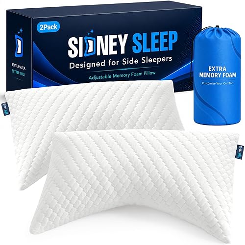 Sidney Sleep Set of 2 Queen Size Bed Pillows for Side and Back Sleepers - Adjustable Filling - Memory Foam Pillows for Neck and Shoulder Pain - Customizable Loft - Extra Foam Included (White)