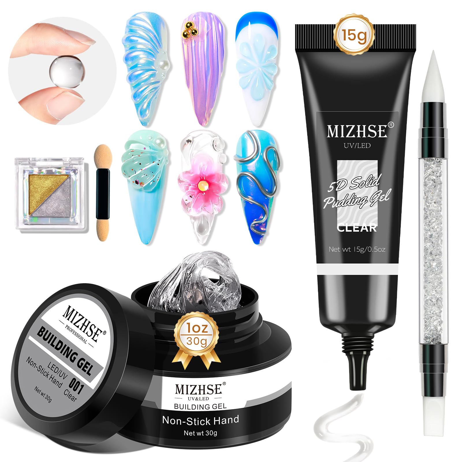 MIZHSE 30g Solid Builder Gel for Nails and 15g 3D Nail Gel, Clear Hard Sculpting Gels for Nails Art Soak Off U V LED Builder Gels for Salon Home DIY Woman