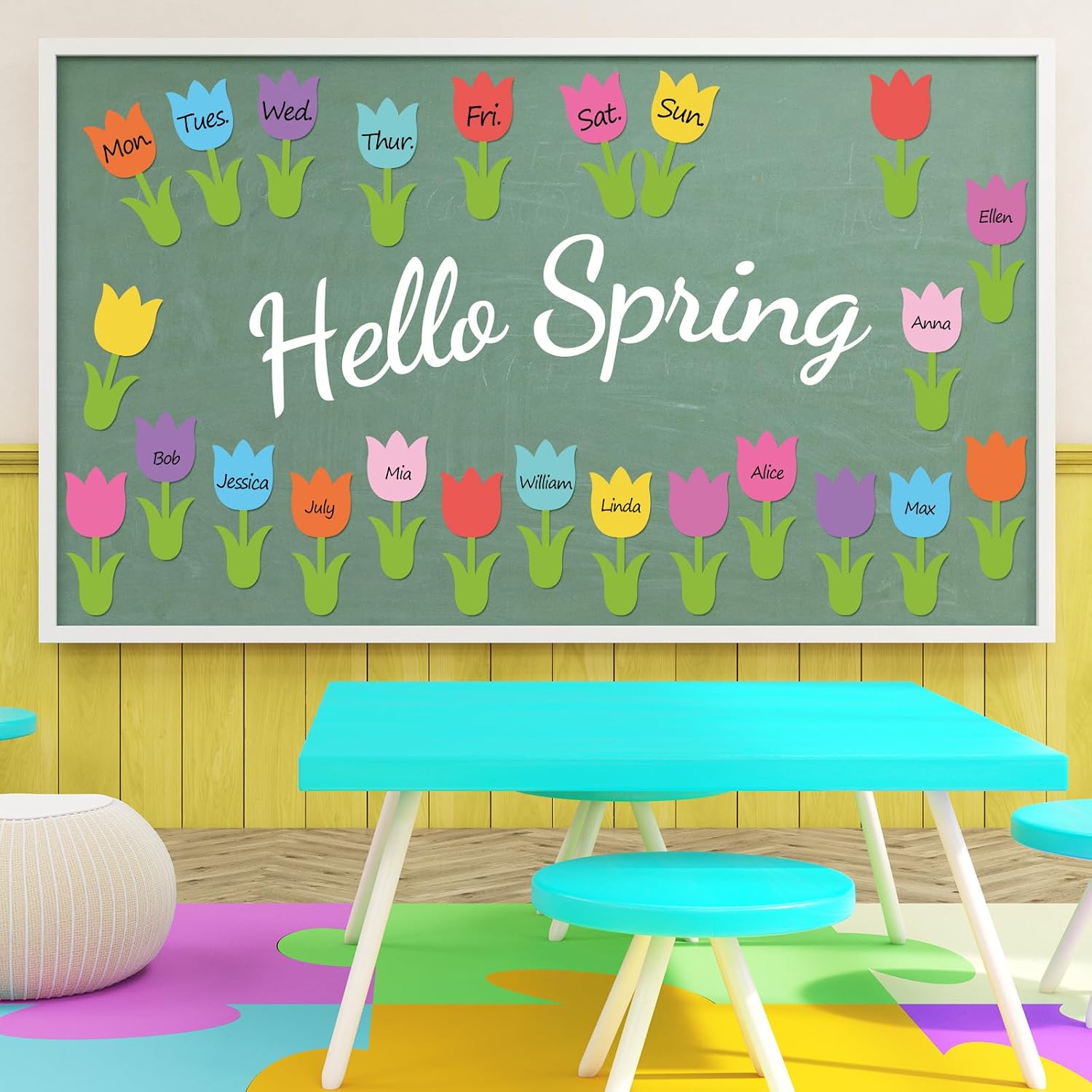 FYSUIMU Spring Tulip Floral Cutouts Colorful Flower Leaves Shape Cut-Outs Cardboard Paper Cutting with 100 Pcs Glue Points for DIY Crafts Classroom Bulletin Board Decoration, 45 Pcs