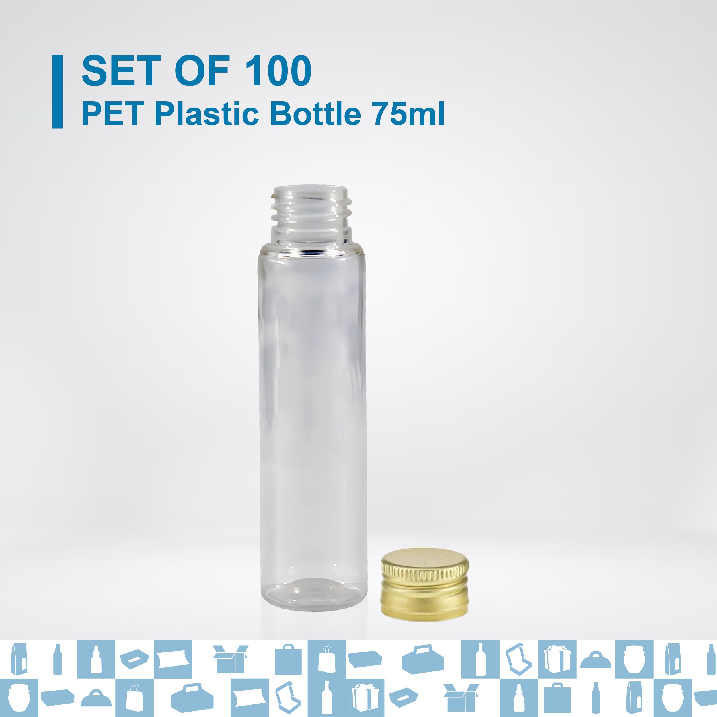 Pack de 100 botellas de plástico de 75 ml com Tampa Dourada – Botella Sensorial vacía, tubo de ensayo, mini frasco de cristal, caramelos, fiestas, especias, boda