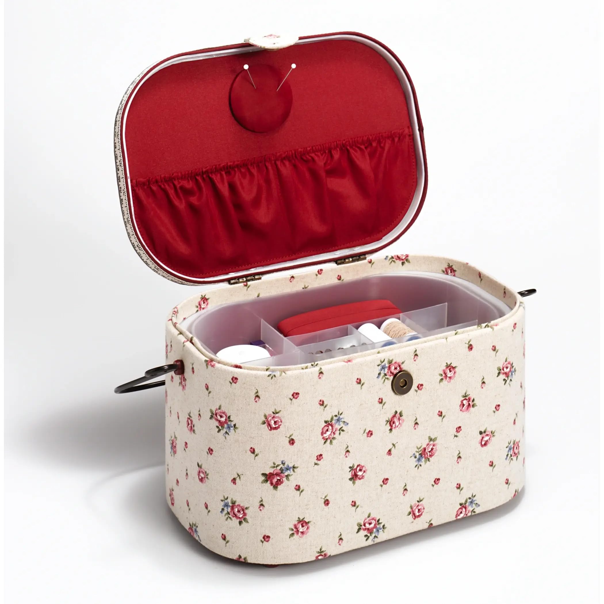 Prym 612141 Nähkorb Country Rose mit Griff, Leinen/Metall/Holz, elfenbeinfarben, L