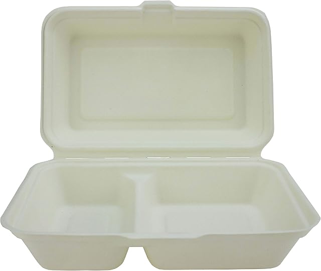Signature Packaging Bagasse 2 Compartment Burger Box - 240 x 155 x 75mm - Set of 50 - Super Rigid Biodegradable, Compostable, and Recyclable Disposable Food Boxes - Made from Natural Sugar Cane Pulp