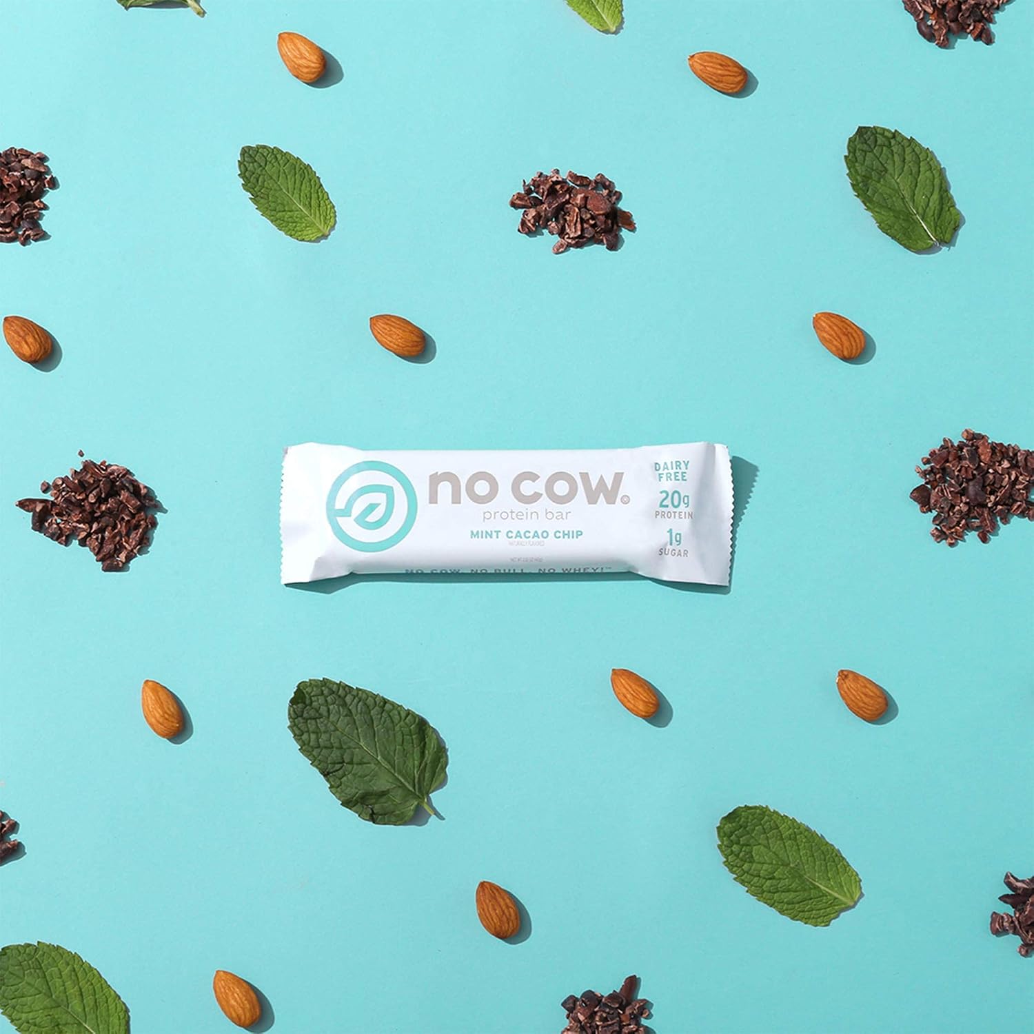 No Cow Protein bar, Mint Cacao Chip, 20g Plant Based Protein, Keto Friendly, Low Sugar, Dairy Free, Gluten Free, Vegan, High Fiber, Non-GMO, 12Count
