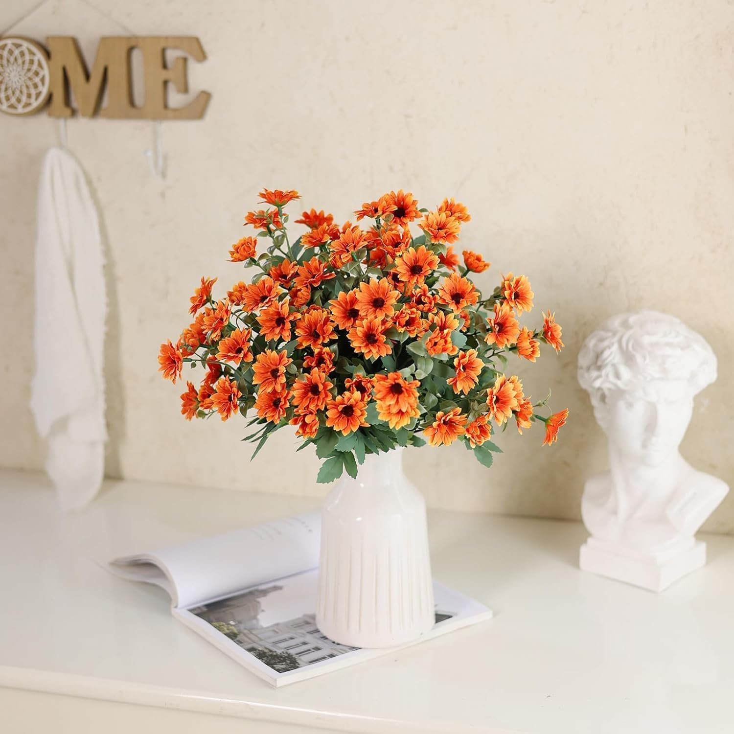 17" Artificial Daisy Flowers for Outdoor Fall Decoration-Faux Silk Daisy Bouquet Fake Plant UV Resistant for Front Door Planter Home Garden Porch Patio Thanksgiving Day Autumn Decor-8 Bundles (Orange) - Image 7