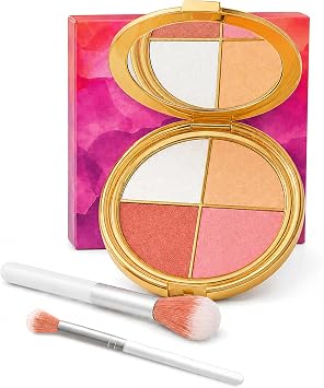 Eye and Cheek Makeup Palette, All In One Contour Highlighter Blusher Palette with 2 Brushes, 4 in 1 Metallic Shimmer Blush Multi-Purpose Makeup Palette for All Skin Types