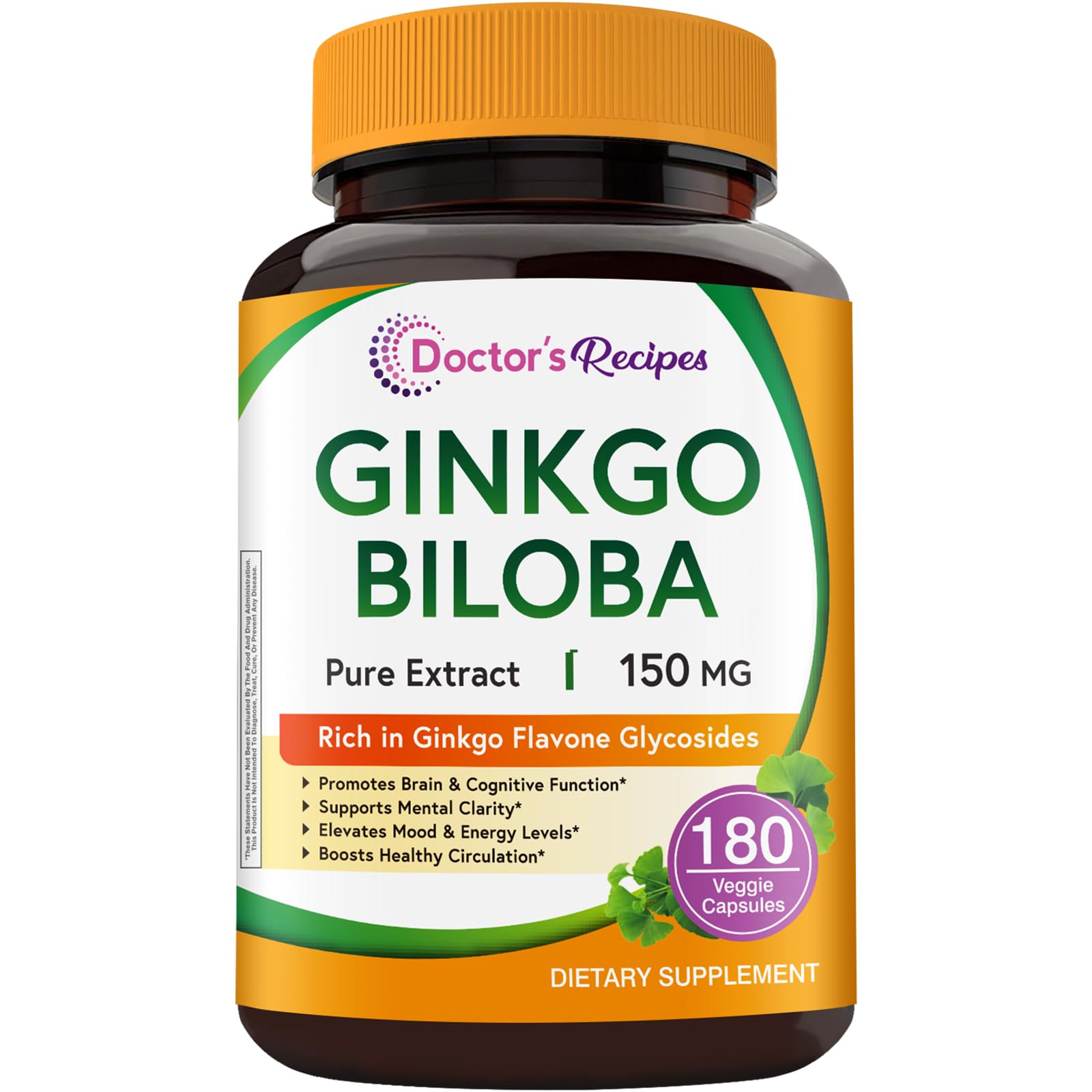 Doctor's Recipes Ginkgo Biloba Leaf Capsules, 150 mg Extract, Brain Function, Memory Support for Men & Women, Non-GMO, 180 Count
