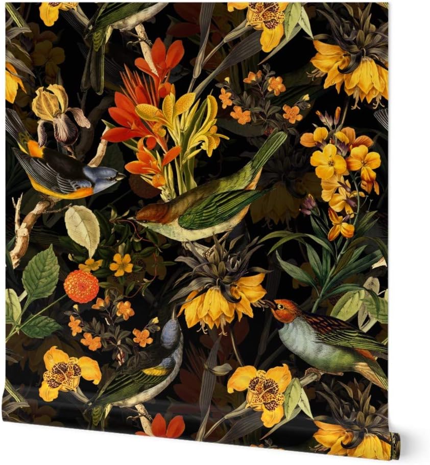 Removable Wallpaper 3ft x 2ft - Redout√© Antique Birds Flowers Black Nature Tropical Flora Summer Custom Pre-Pasted Wallpaper by Spoonflower