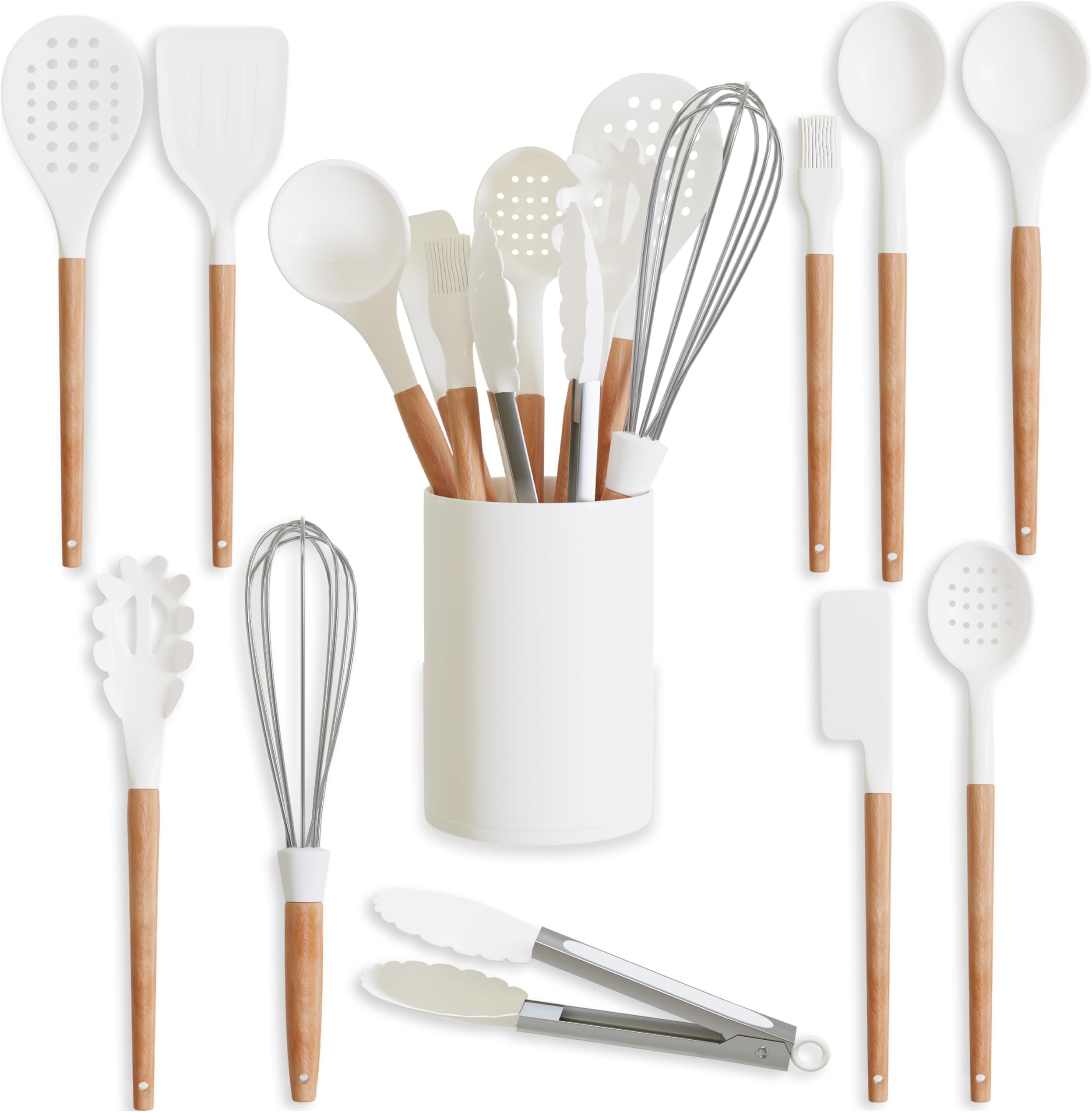 Five14 10-Pc. Kitchen Utensils Set for Cooking, Food Prep, and Serving, Flexible Non-Stick Silicone with Bamboo Wood Handles, Scratch and Heat Resistant Heads, White