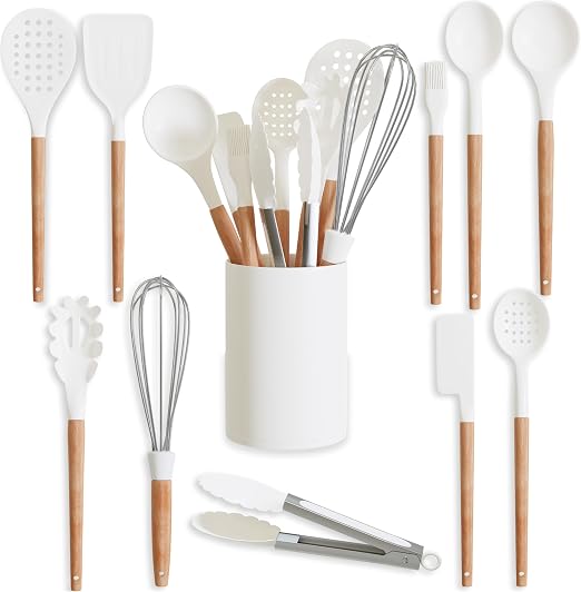 Five14 Silicone Kitchen Utensils Set, Cooking Utensils Set, White Silicone Utensils Set, White Utensils Set, White Kitchen Utensils, Kitchen Utensils Set with Holder (02)