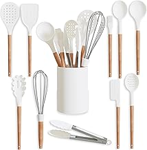 Five14 Kitchen Utensils Set - High Heat Resistant White Silicone Cooking Utensils Set with Silicone Spatula, Tongs, Ladle, Serving Spoons - Non-Stick, BPA Free Kitchen Utensils Set with Holder - 11 Pc