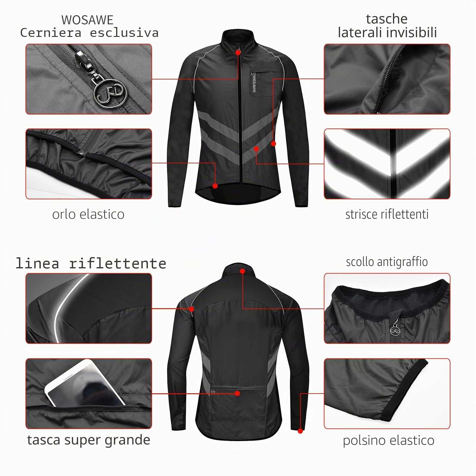 WOSAWE Gilet da uomo ad alta visibilità antivento ultraleggero traspirante riflettente con tasche per corsa o ciclismo