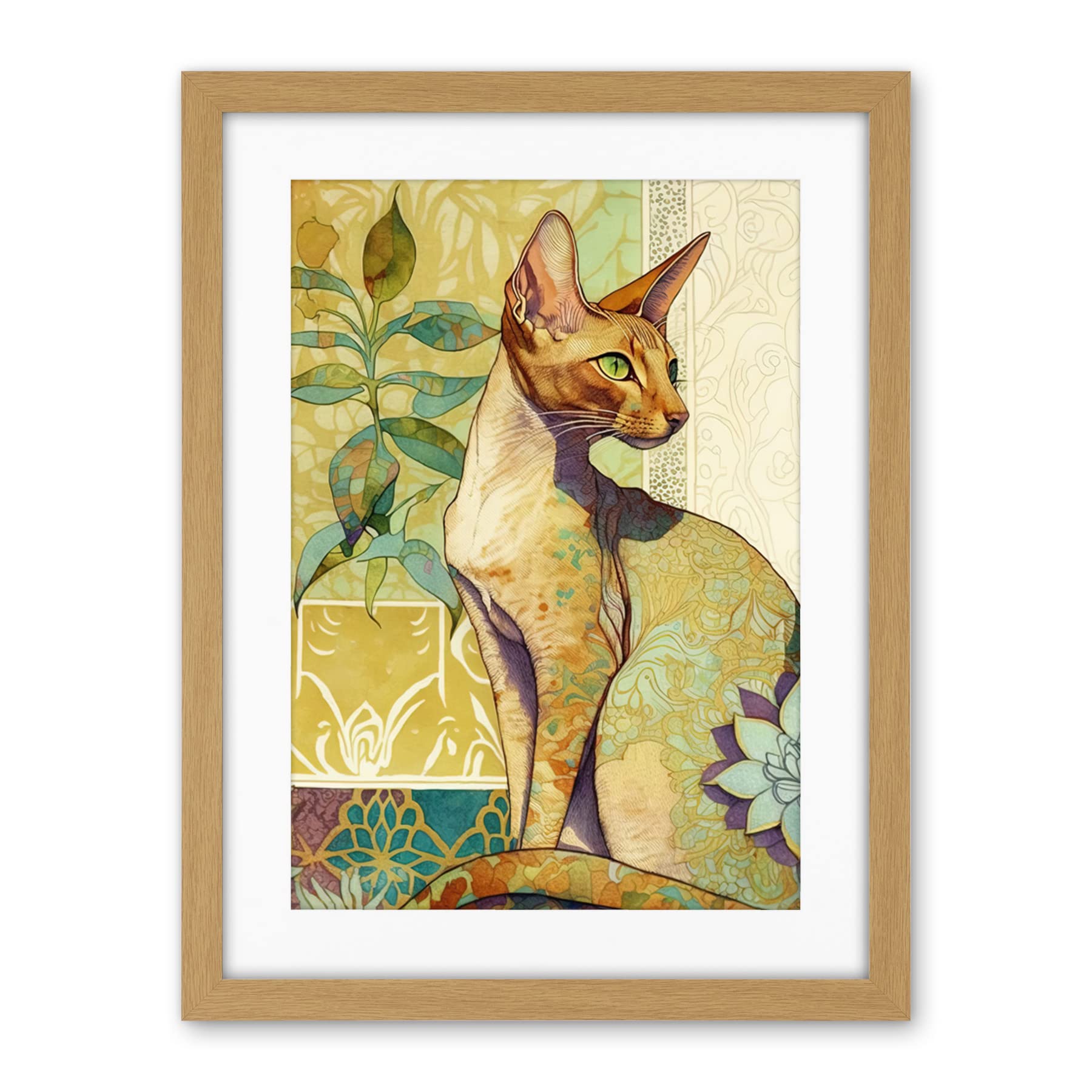 Artery8 Oriental Shorthair Cat with Art Nouveau Botanical Patterns Colourful Watercolour Illustration Artwork Framed Wall Art Print 18X24 Inch