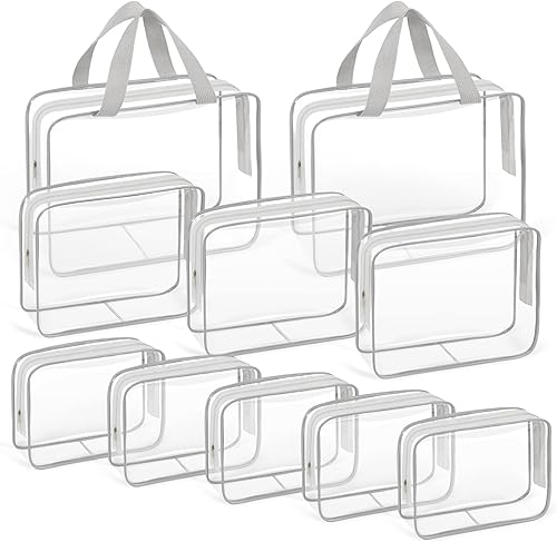 TISRATOK Neceser de maquillaje transparente de viaje de 10 piezas, de plástico, PVC, aprobado por la TSA, kit organizador con bolso con cremallera