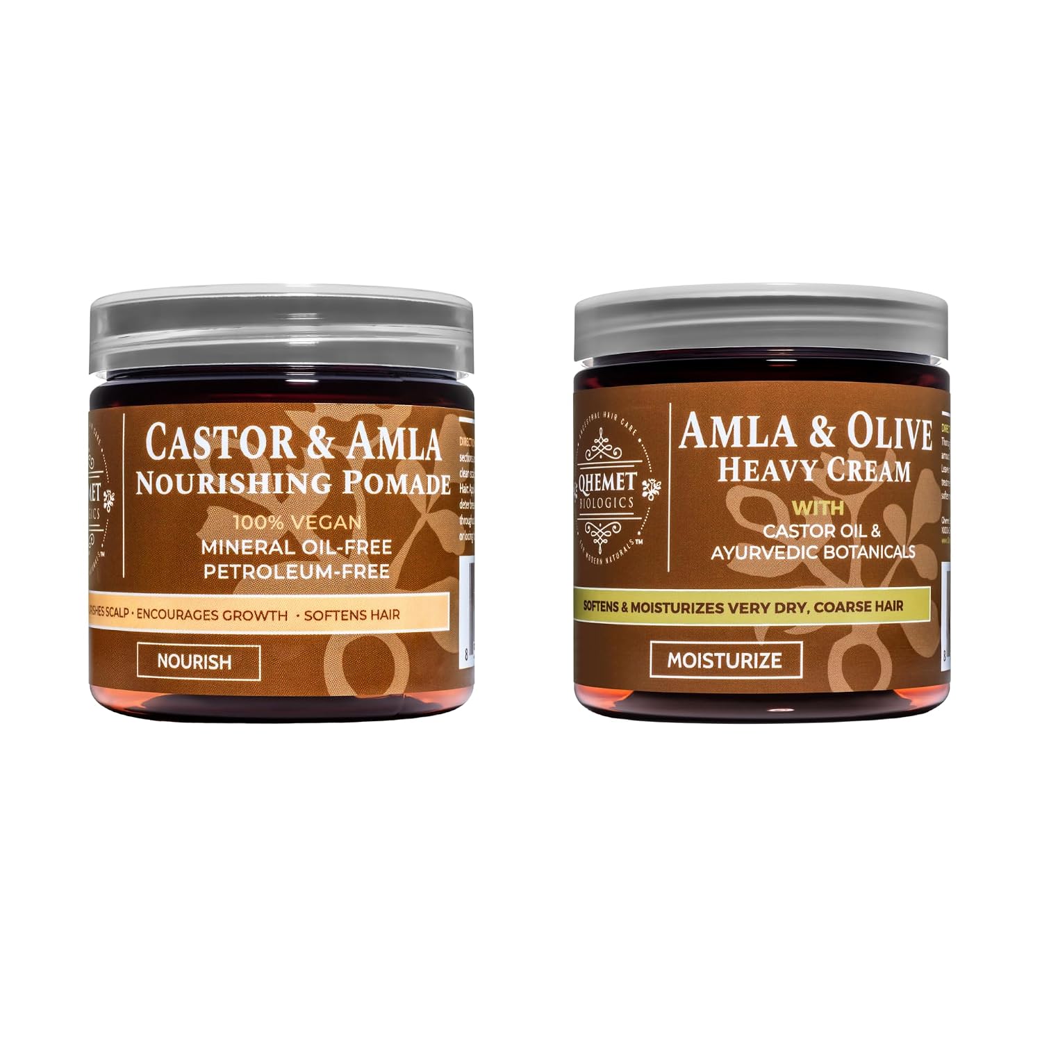Qhemet Biologics - Amla & Olive Heavy Cream (8.9 oz) and Castor & Amla Nourishing Pomade (4 oz) Bundle - Adds Soft, Supple Moisture & Hydration to Afros, Coils, and Curls