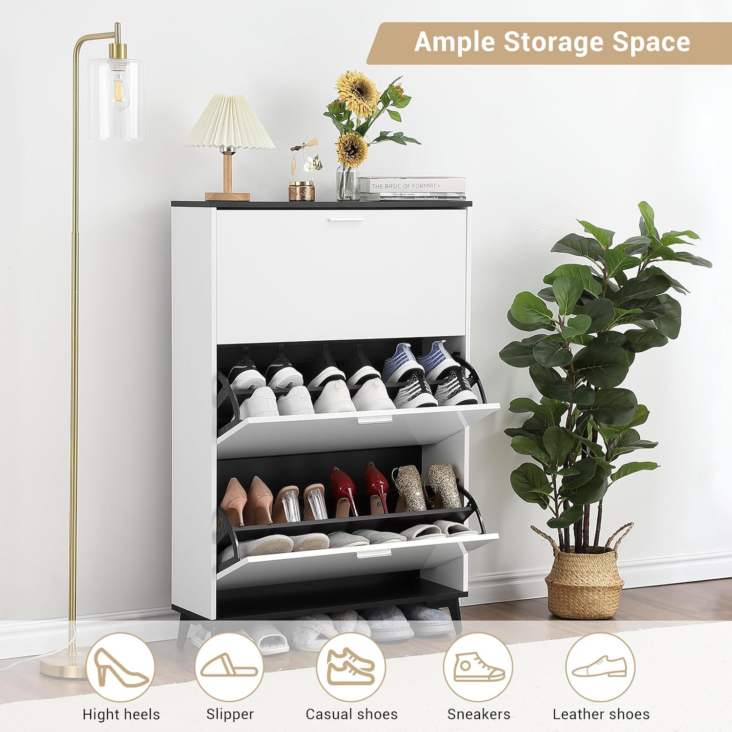 32" w x 9.5" d x 47" h White Flip-Down Shoe Cabinet Organizer - Shoe Rack Shoe Organizer 3-Drawer Entryway Storage with Bottom Shoe Rack, Space-Saving Hallway/Living Room Organizer