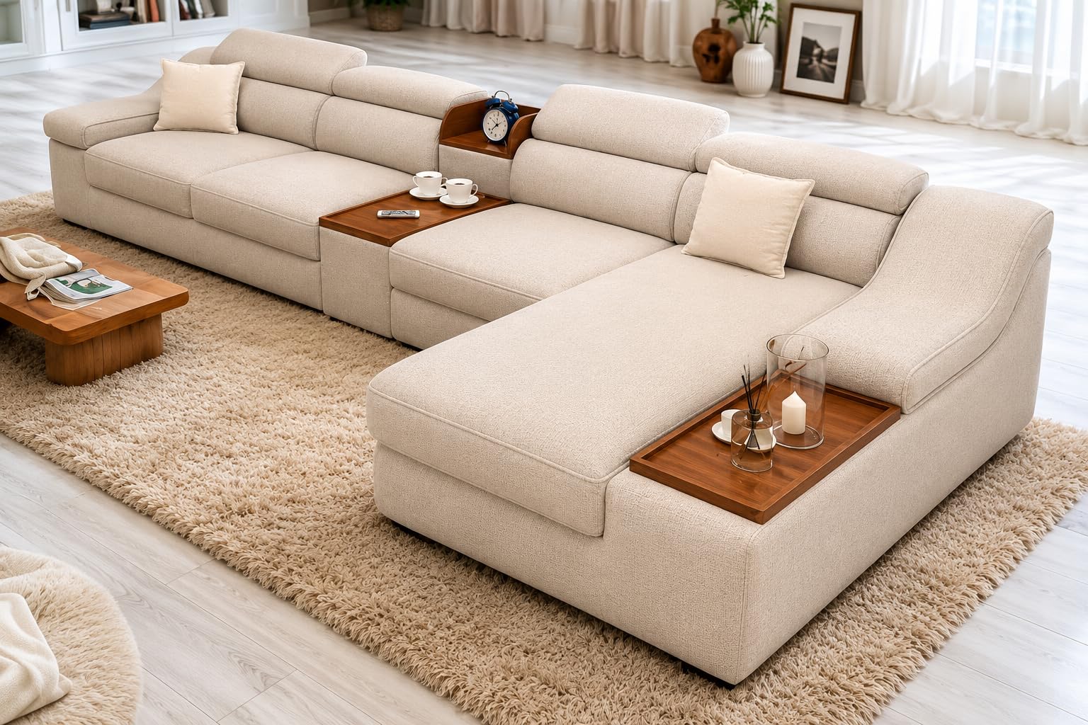 Caspian 5-Seater L-Shape Sofa Set | Premium Fabric Sectional Sofa with Adjustable Headrests, Built-in Console & Cup Holders | Plush Cushioned Comfort for Living Room | Beige LHS-image-40