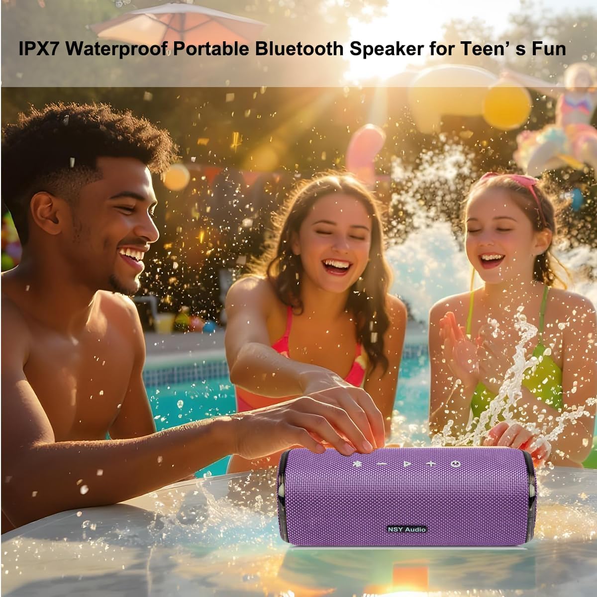 Portable Bluetooth Speaker, IPX7 Waterproof Wireless Outdoor Speaker, 25 Hours Playtime, Bass Boosted, LED Lights, TWS Pairing for Beach, Pool, Shower, Gift, Purple - Image 7