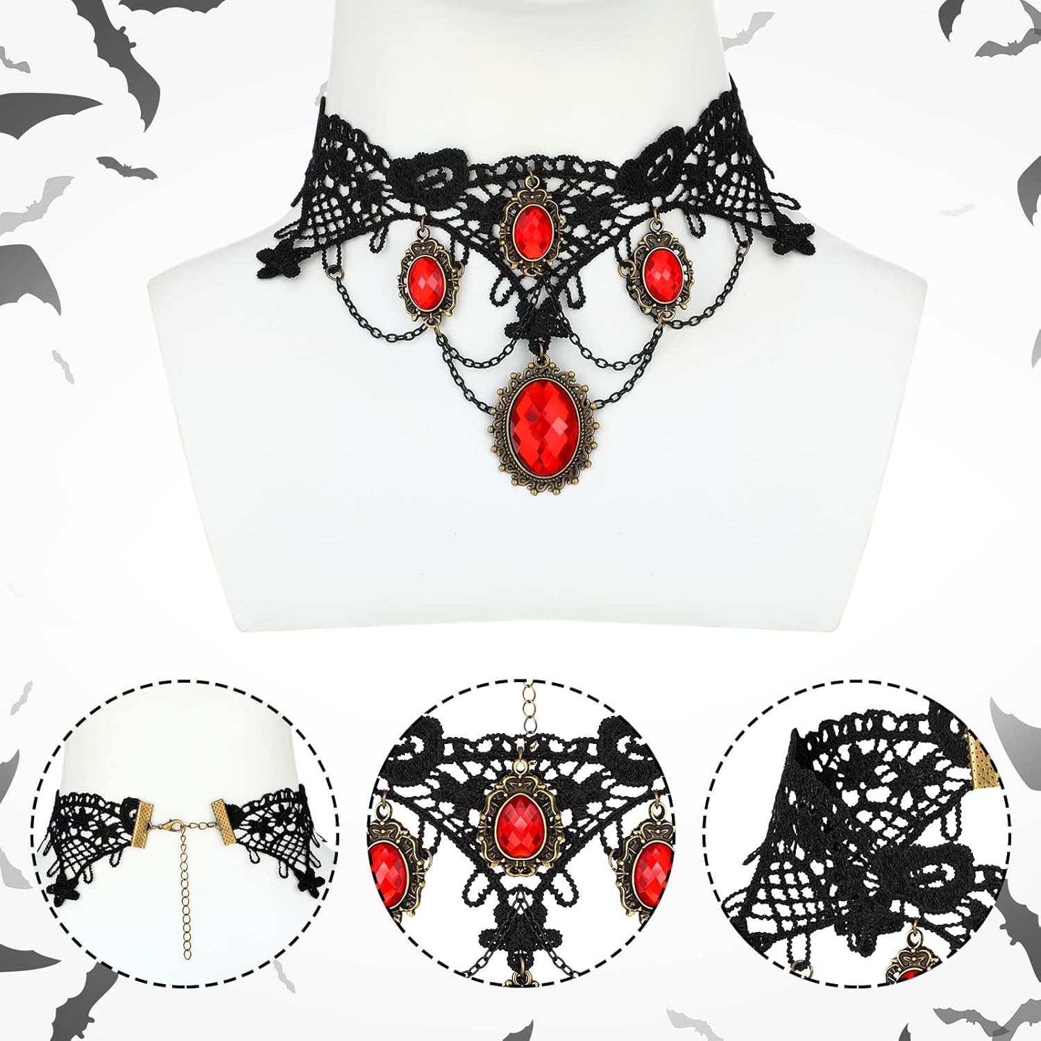 WILLBOND 6 Pcs Halloween Vampire Costume Accessories Set, Gothic Vampire Jewelry Set Black Lace Choker with Red Rhinestone Earrings, Bloody Face Stickers, 2 Pairs of Fangs and Glue - Image 2