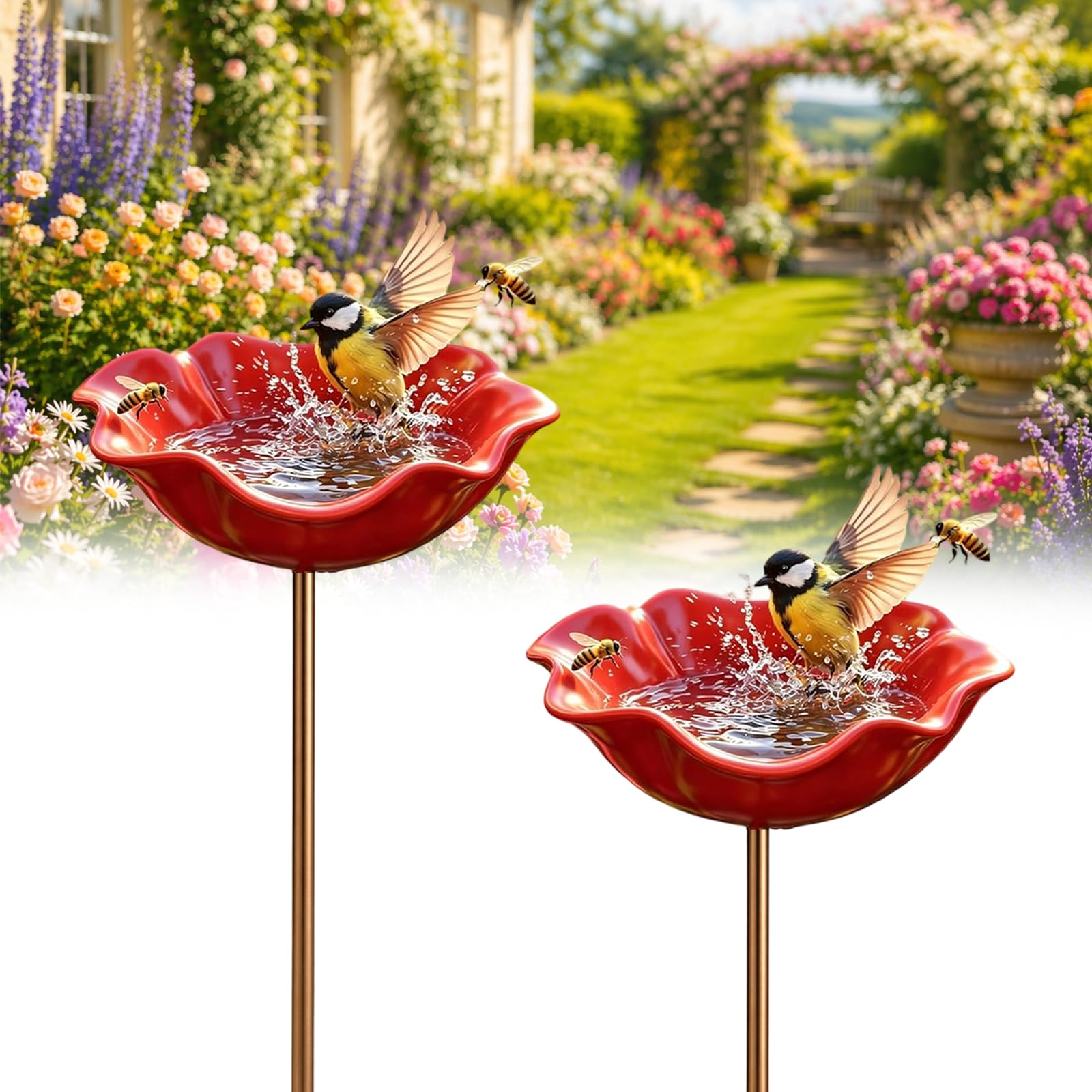 Handmade Metal Flower Garden Stake Bird Bath Bowl - Weather-Resistant Bee Watering Station & Flower Bird Feeder, Decorative Outdoor Metal Flowers for Yard Lawn Patio Decor (2 * Red)